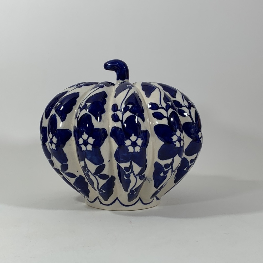 Vintage Blue White Handpainted Porcelain Pumpkin